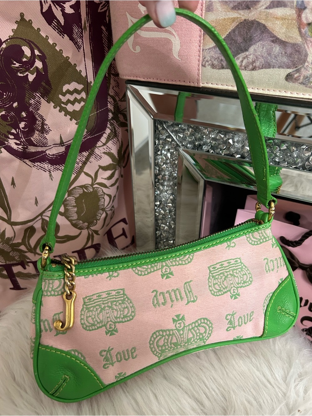 Y2K Vintage P&G 2005 Juicy Couture Pink and Green Logo Monogram Baguette Bag 🩷💚